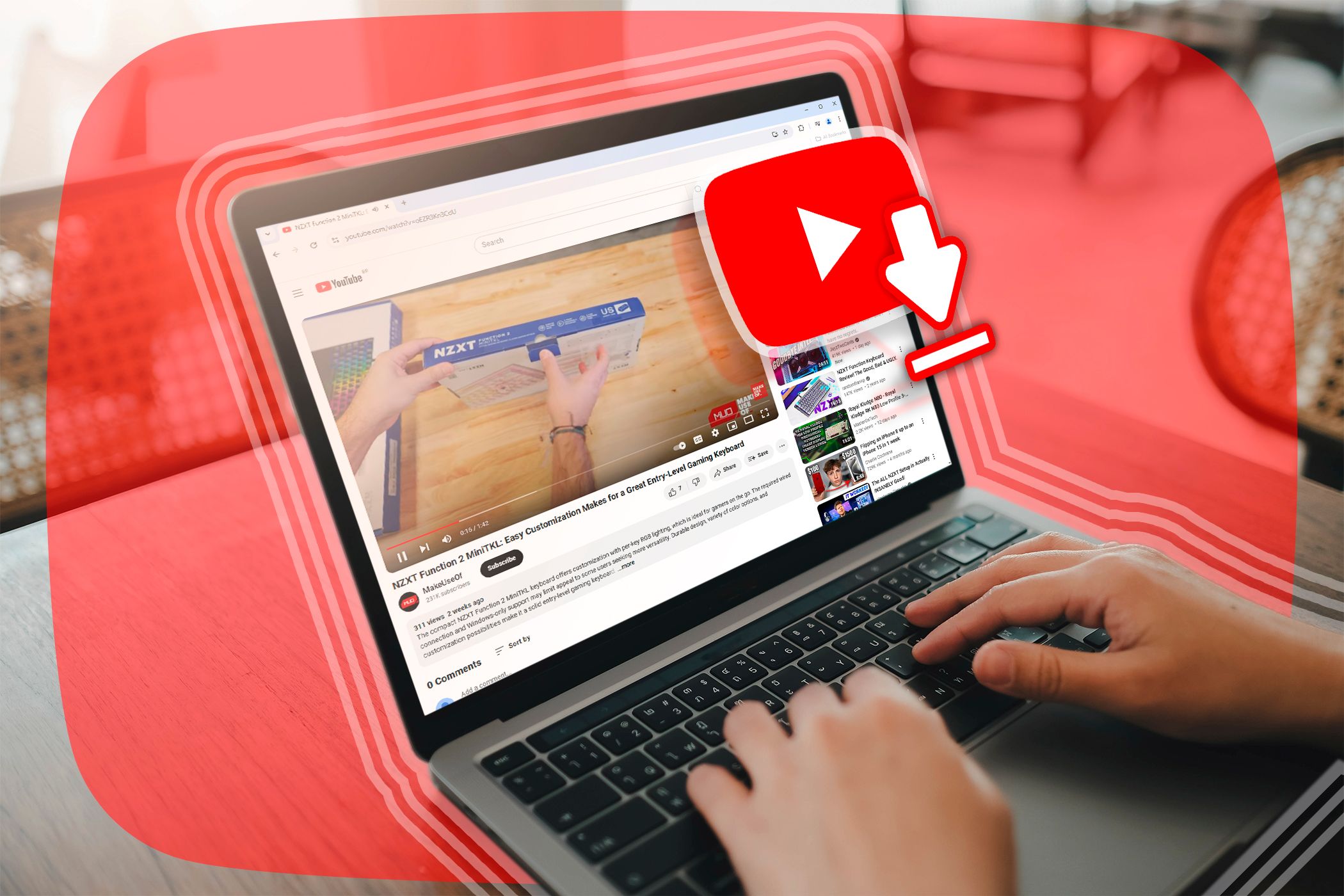 A laptop with YouTube open in Google Chrome and a download icon in front of the screen.