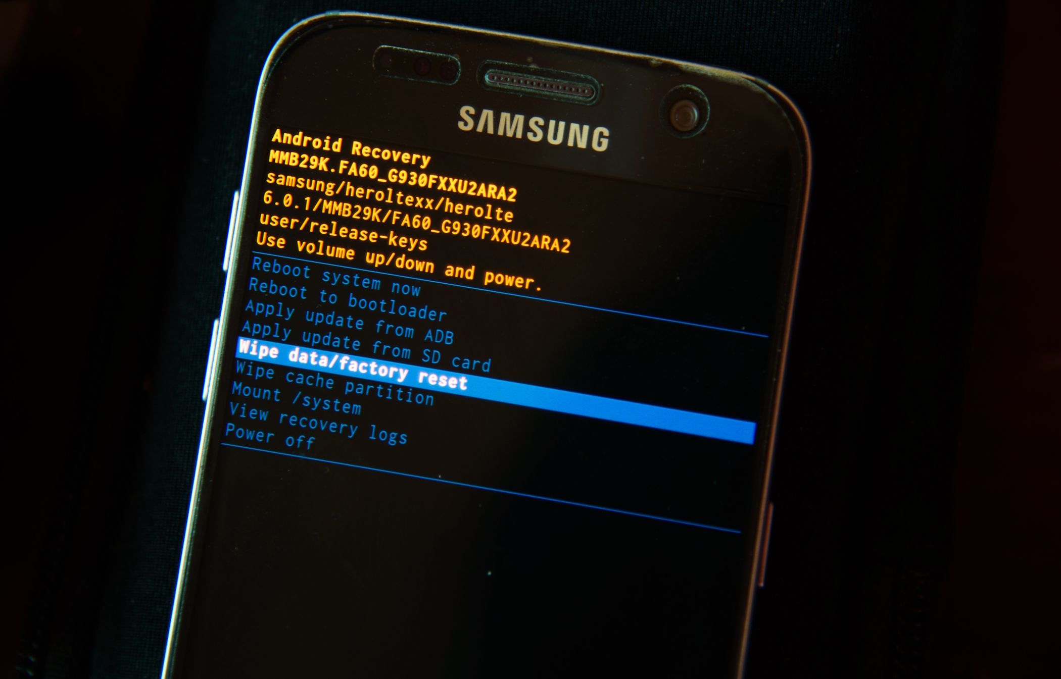 A Samsung phone showing the Android Recovery screen