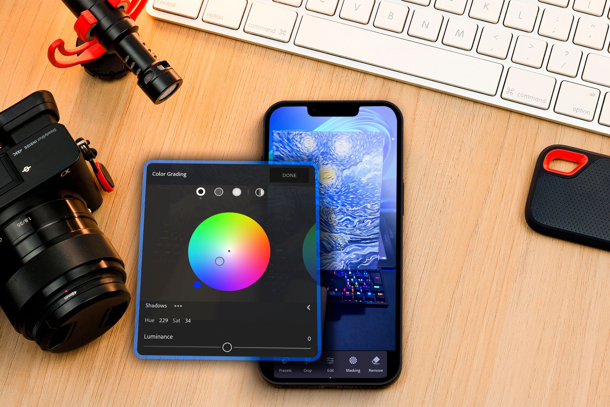 A smartphone with an image being edited and a color wheel hovering over the screen.