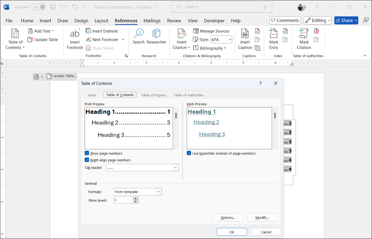 A Table of Contents Dialog Box in Word
