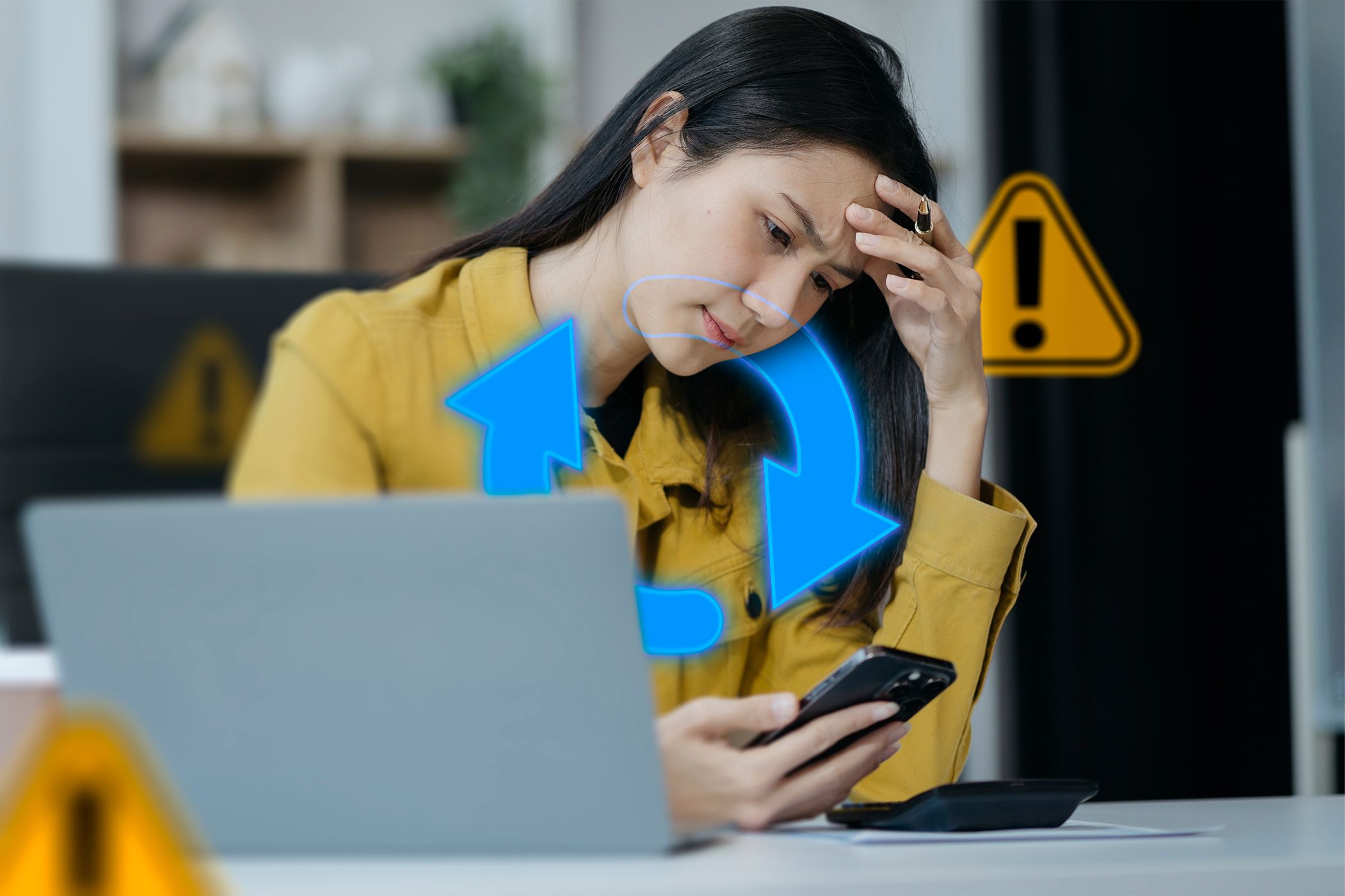 A woman holding her phone with a worried expression, with a laptop on the table and a sync icon.