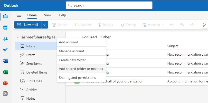 گزینه پوشه اشتراکی یا صندوق پستی را در Outlook Desktop در ویندوز 11 اضافه کنید
