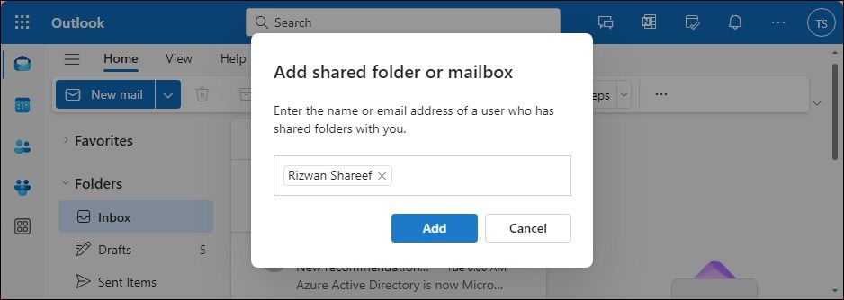 گفتگوی افزودن صندوق پستی مشترک یا پوشه در Outlook web
