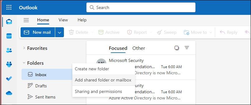 گزینه صندوق پستی مشترک یا پوشه را در Outlook web اضافه کنید