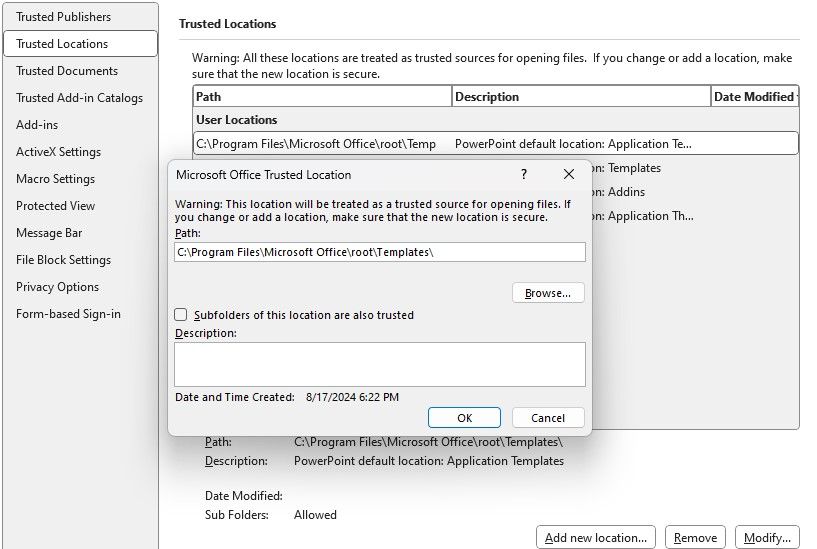 Adding a new trusted location in Microsoft PowerPoint Trust Center