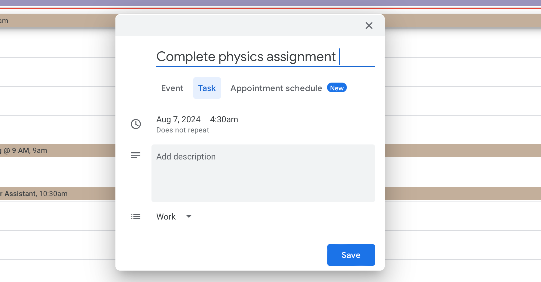 Adding a task to my to-do list directly from Google Calendar