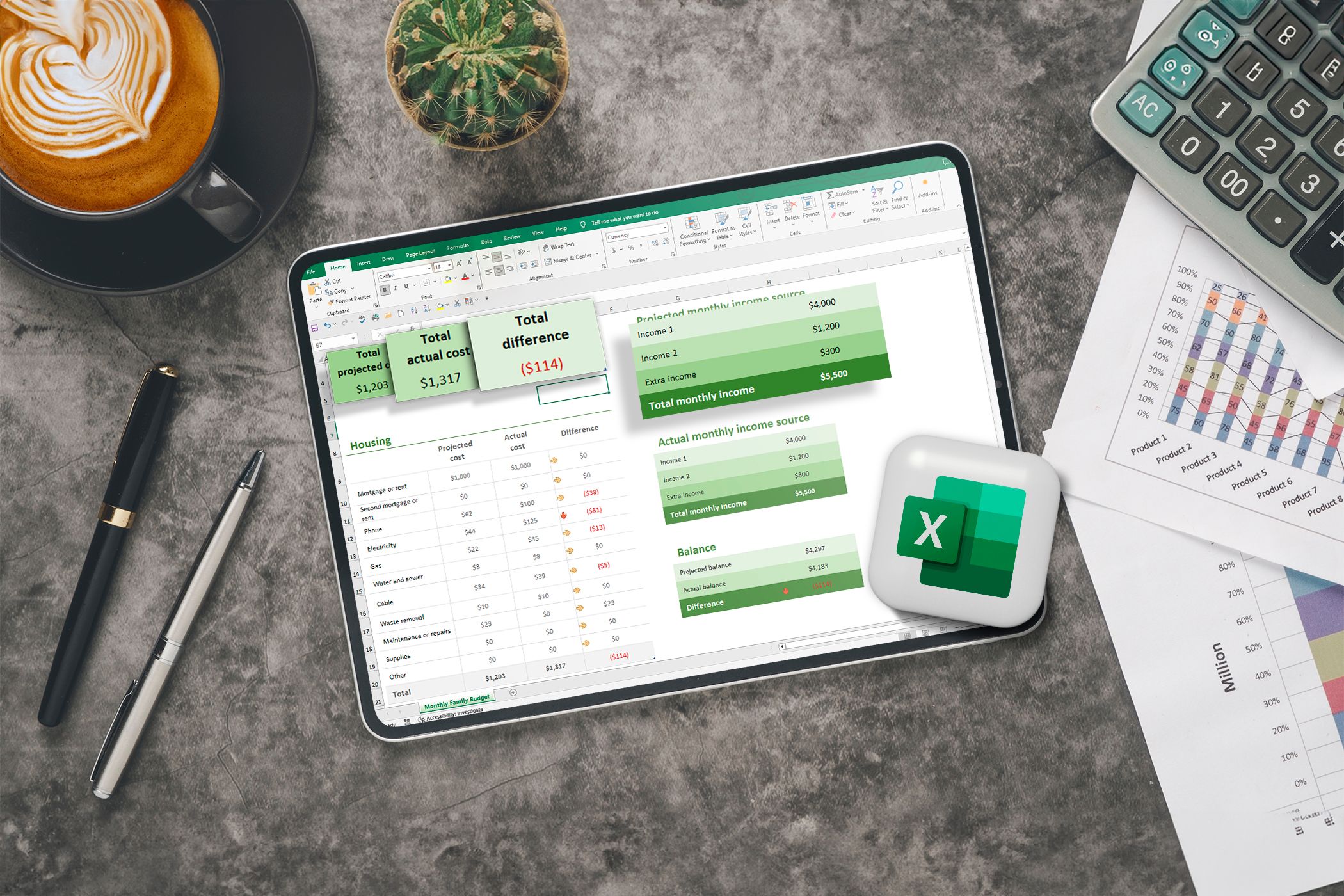 An Excel spreadsheet on a tablet on an office desk with pens, a calculator, and some papers around.