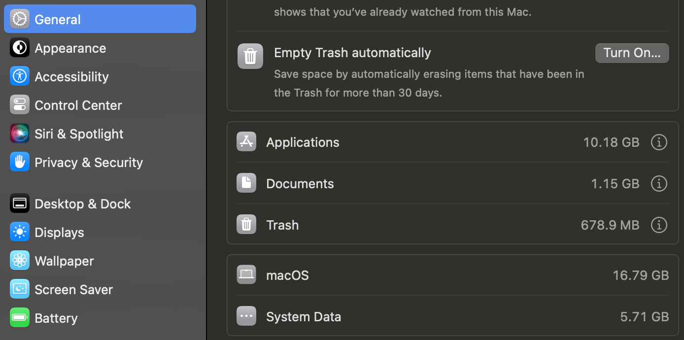 Analyzing the data consuming the most storage space in macOS settings.