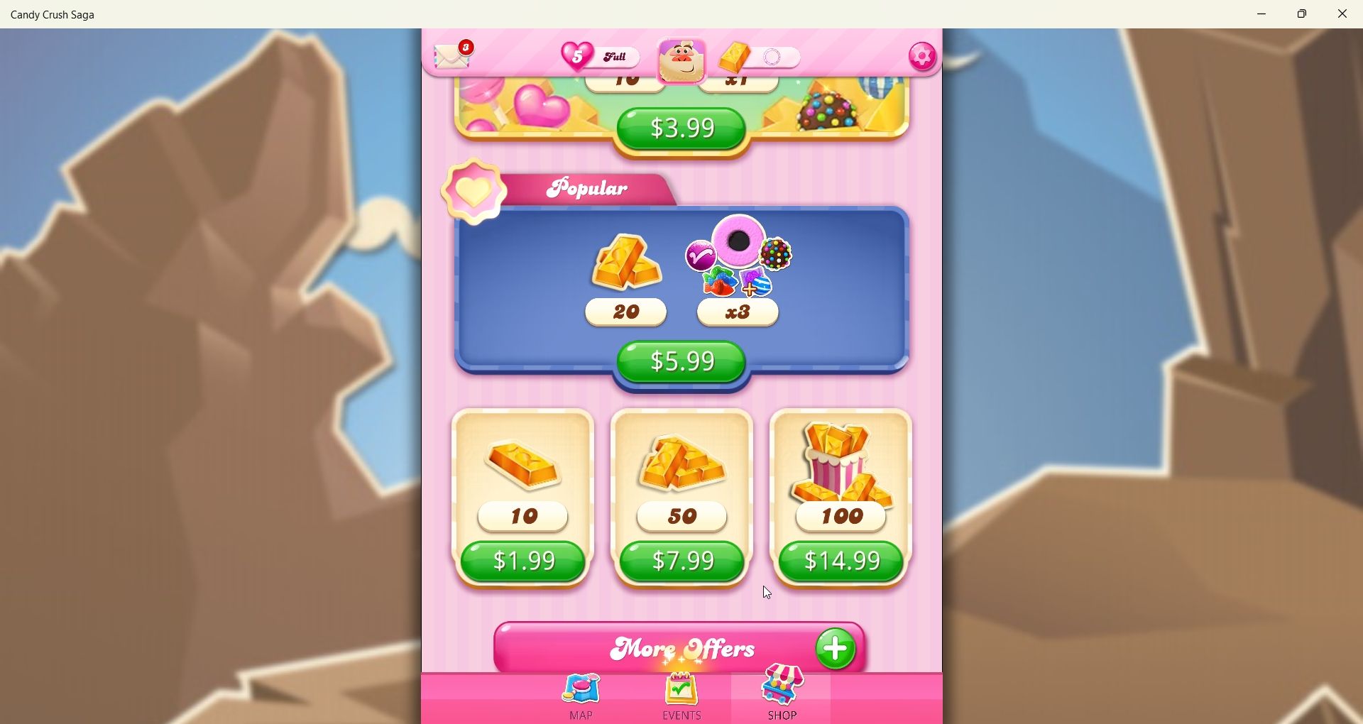 خرید طلا در Candy Crush Saga روی دسکتاپ.