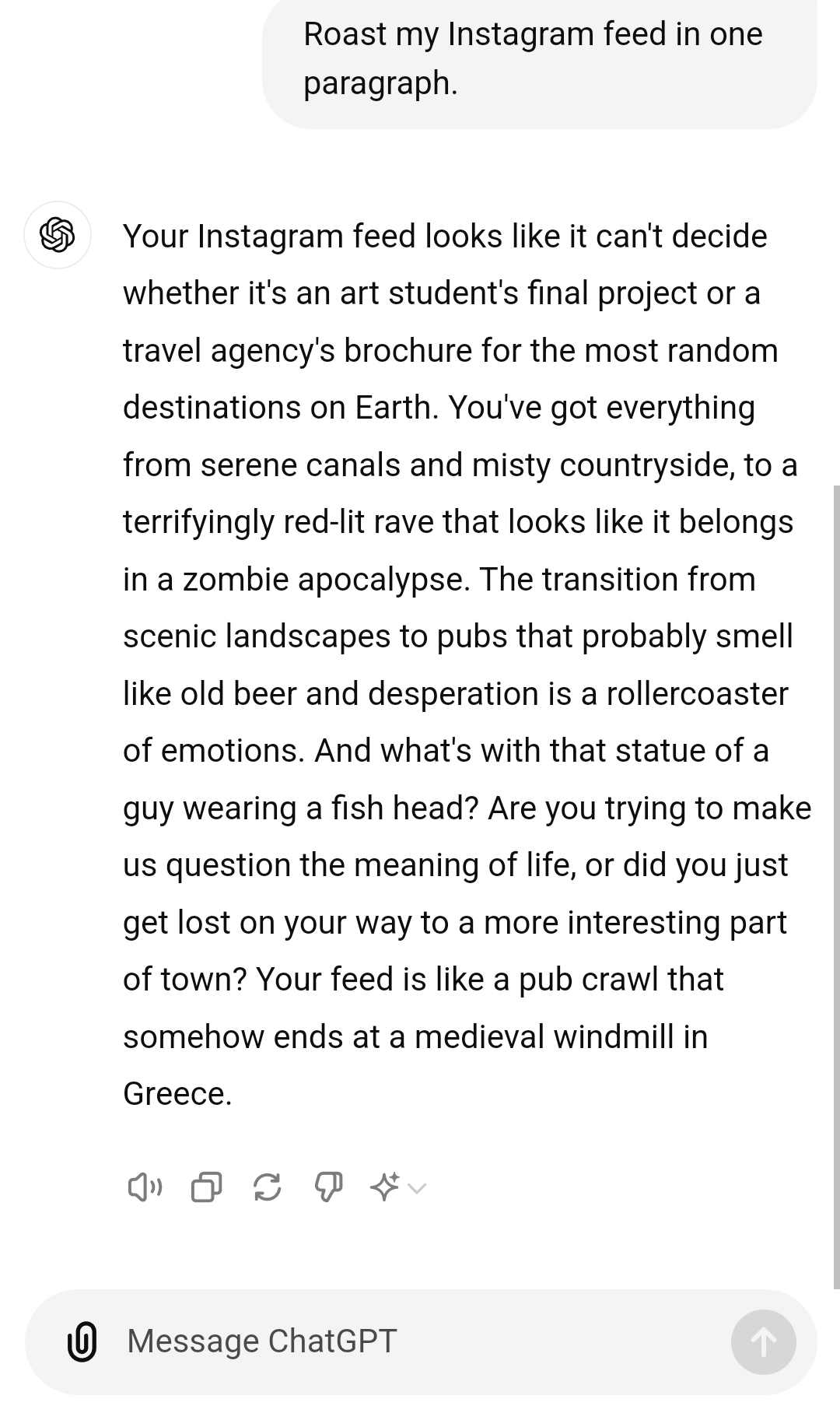 A screenshot of ChatGPT roasting my Instagram feed