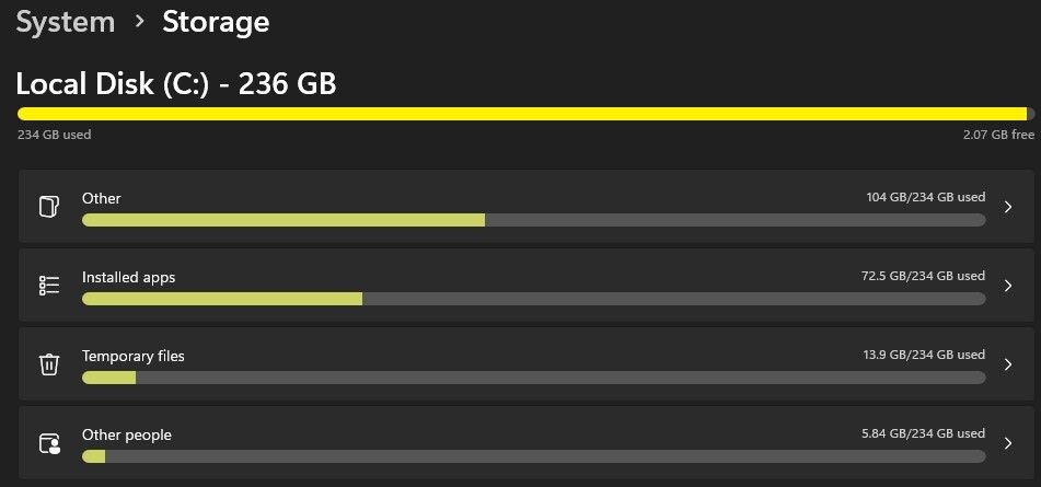 Checking data consuming the most resource in the Windows settings app.