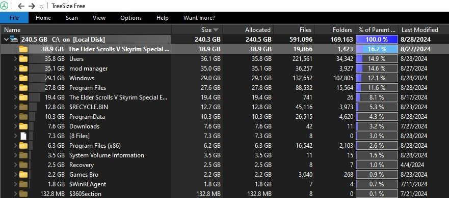 Checking data consuming the most resources in the Treesize app on Windows.