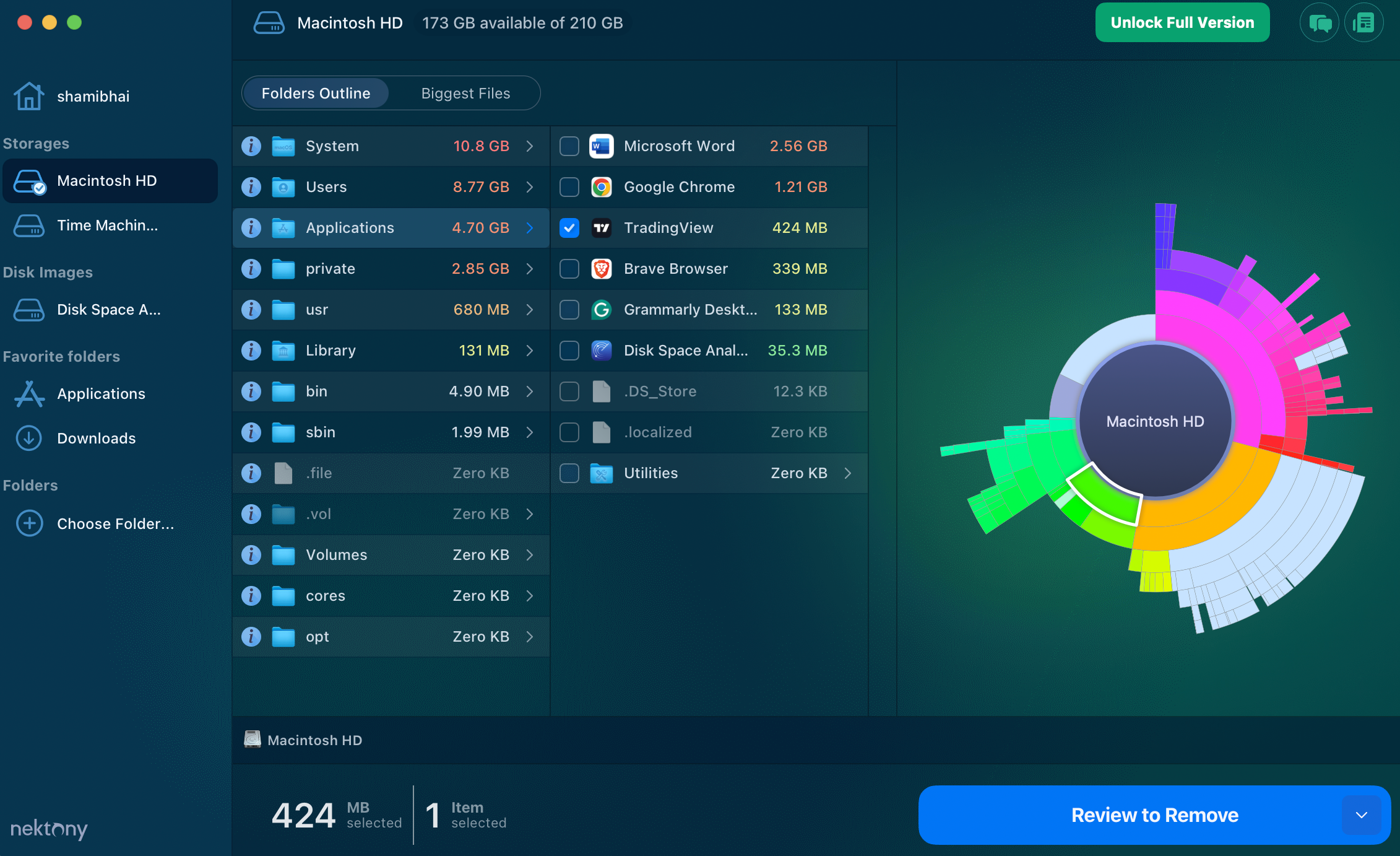 Checking the data consuming the storage space using the Disk Space Analyzer app on macOS.