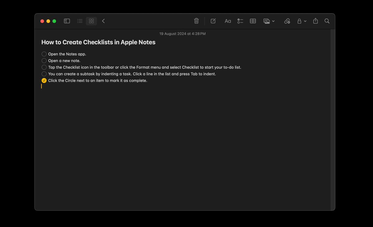 The Notes app with checklist function