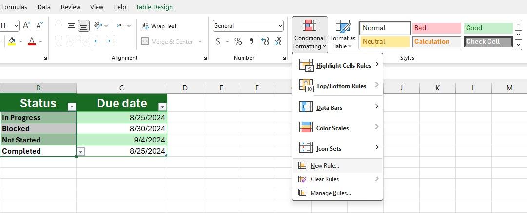 Conditional formatting in the Excel ribbon