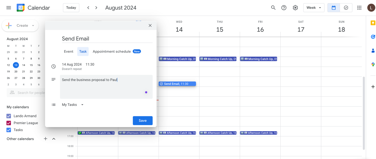 The Google Calendar dashboard shows how to add a task