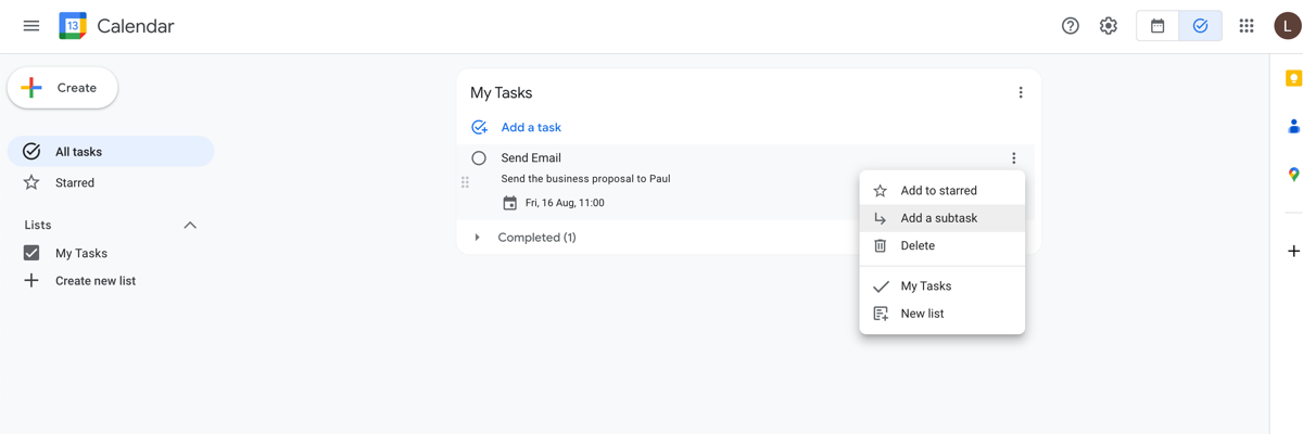 Google Calendar's Task View shows how to add a task