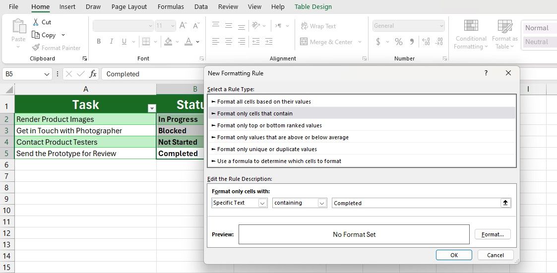 Creating a new formatting rule in Excel