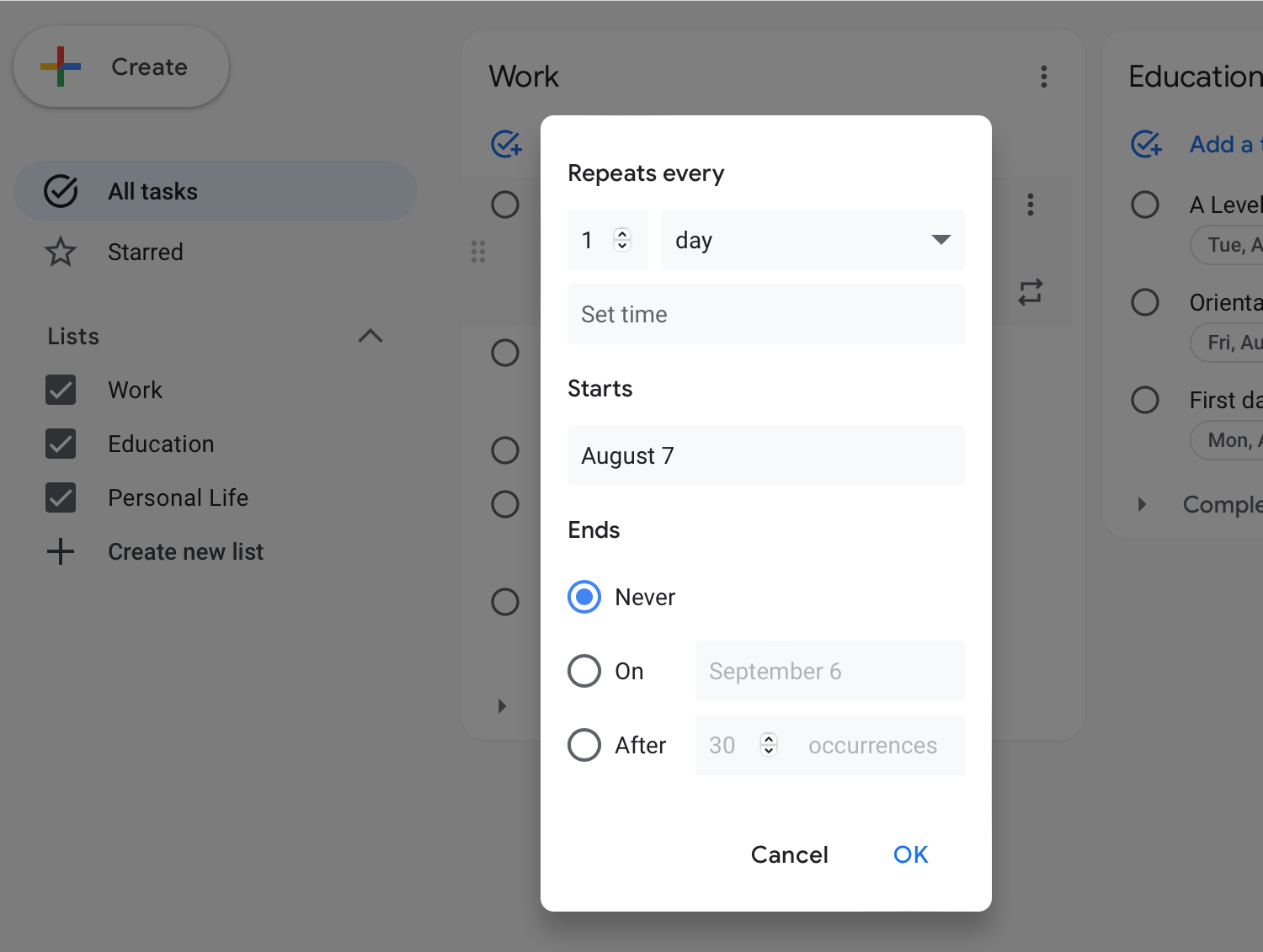 creating a reccuring task in Google Tasks