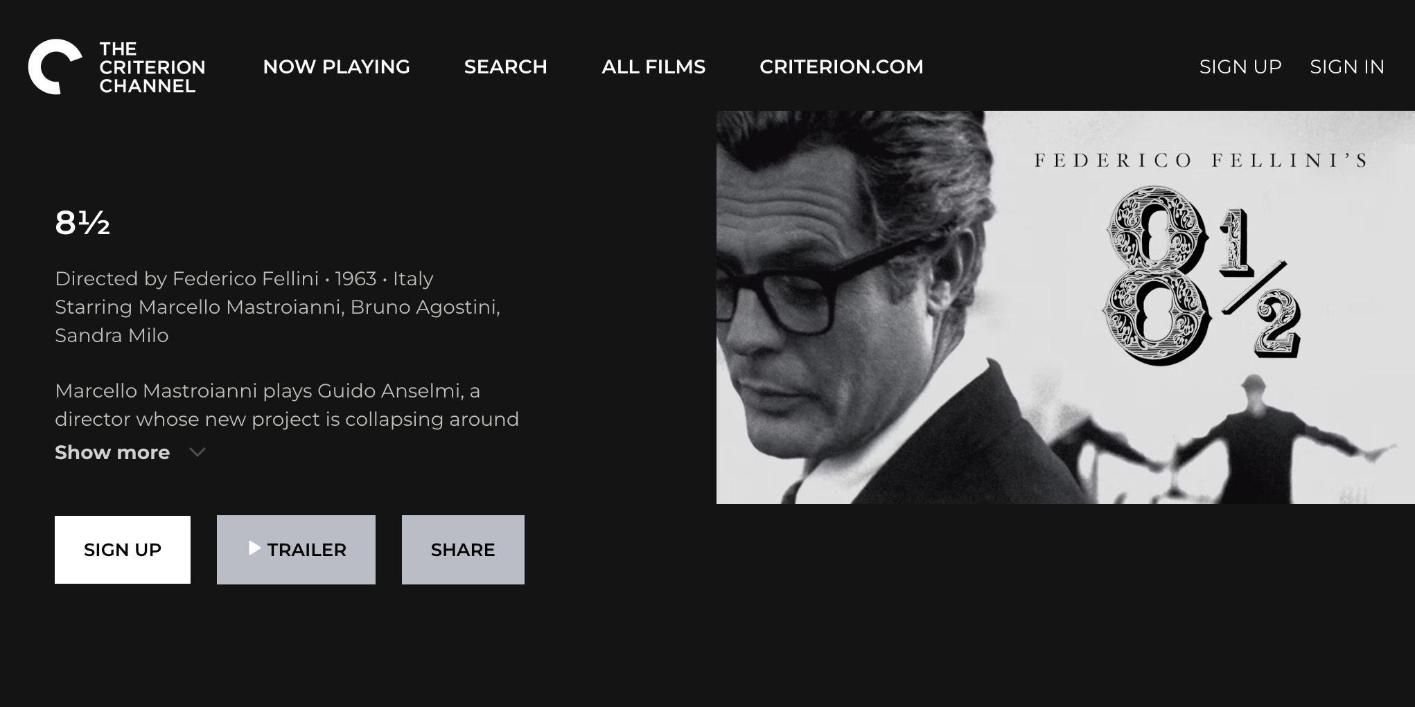 The Criterion Collection app displays a classic Fellini film from the 1960s