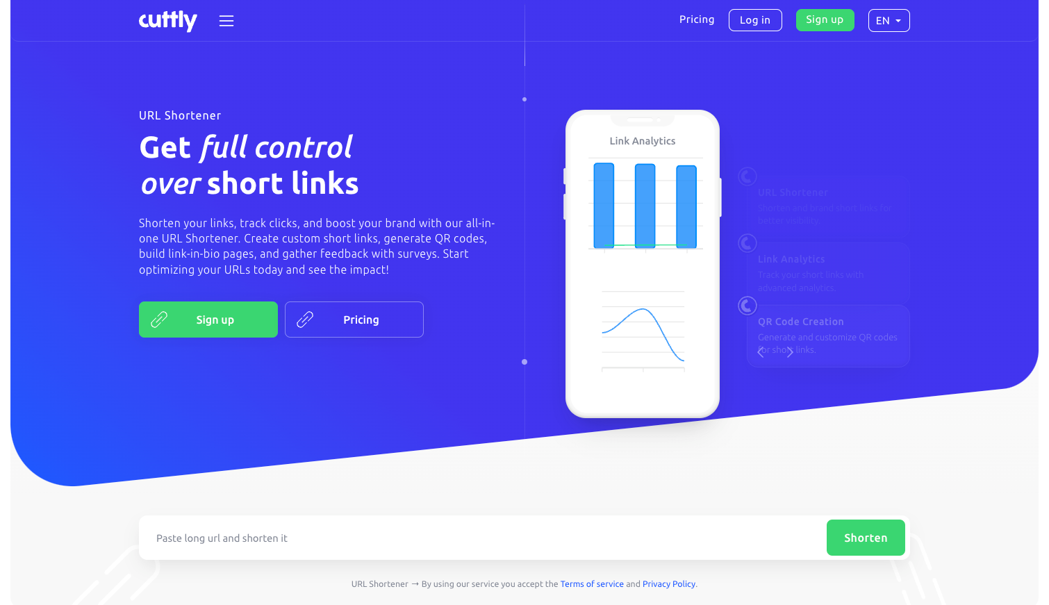 Cutt.ly link shortener website home page