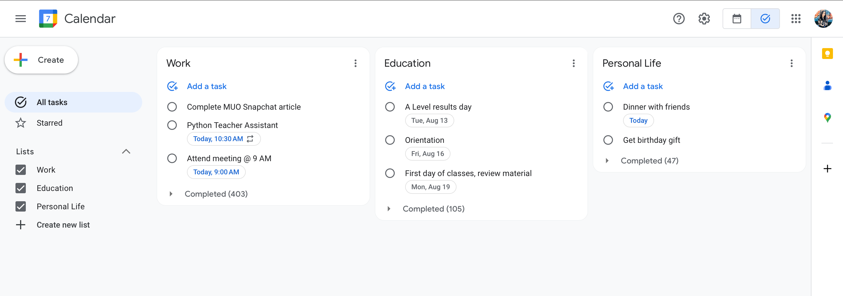 Different lists in Google Tasks