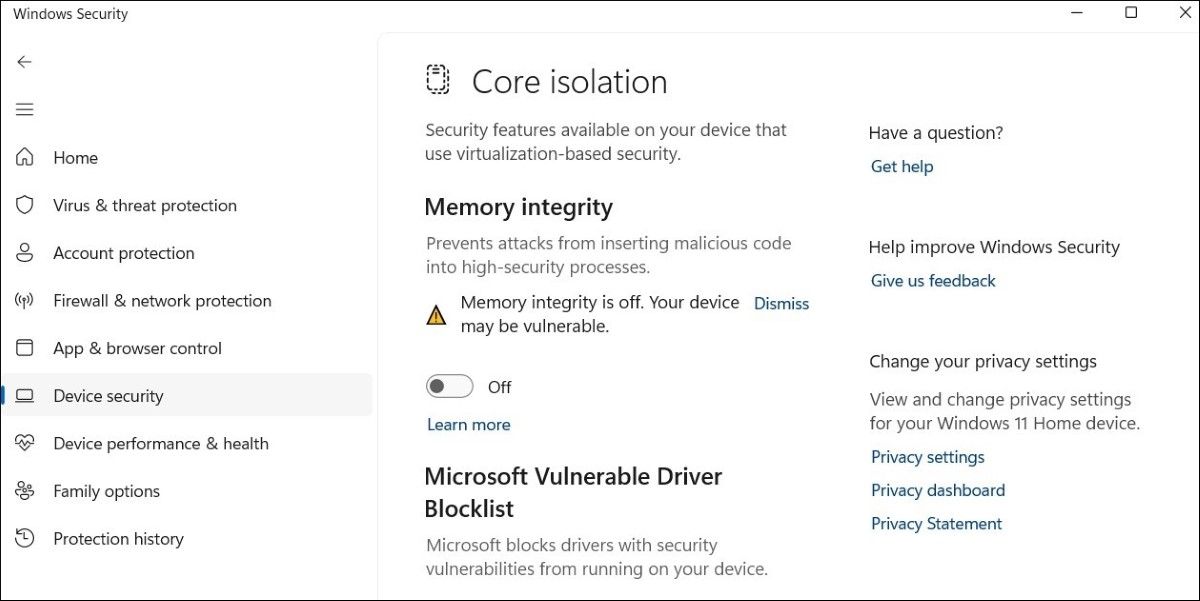 Disable Memory Integrity in Windows 11