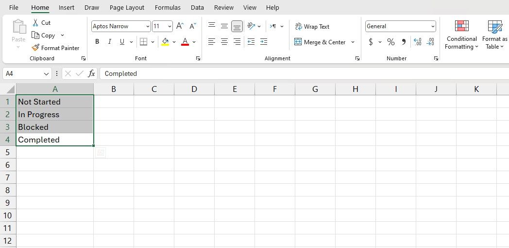 Entering list items in an Excel sheet 