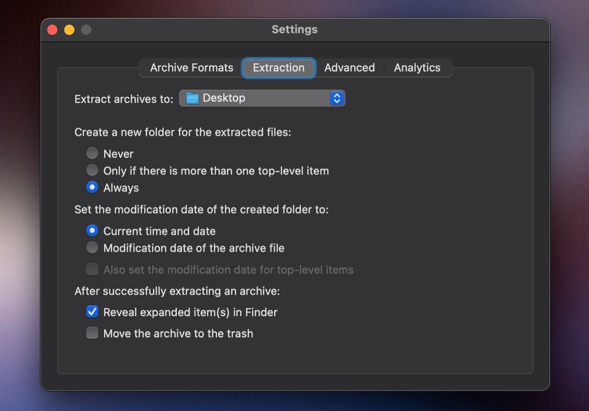تنظیم Unarchive برای ایجاد یک پوشه جدید هر بار که یک فایل بایگانی را استخراج می کند.