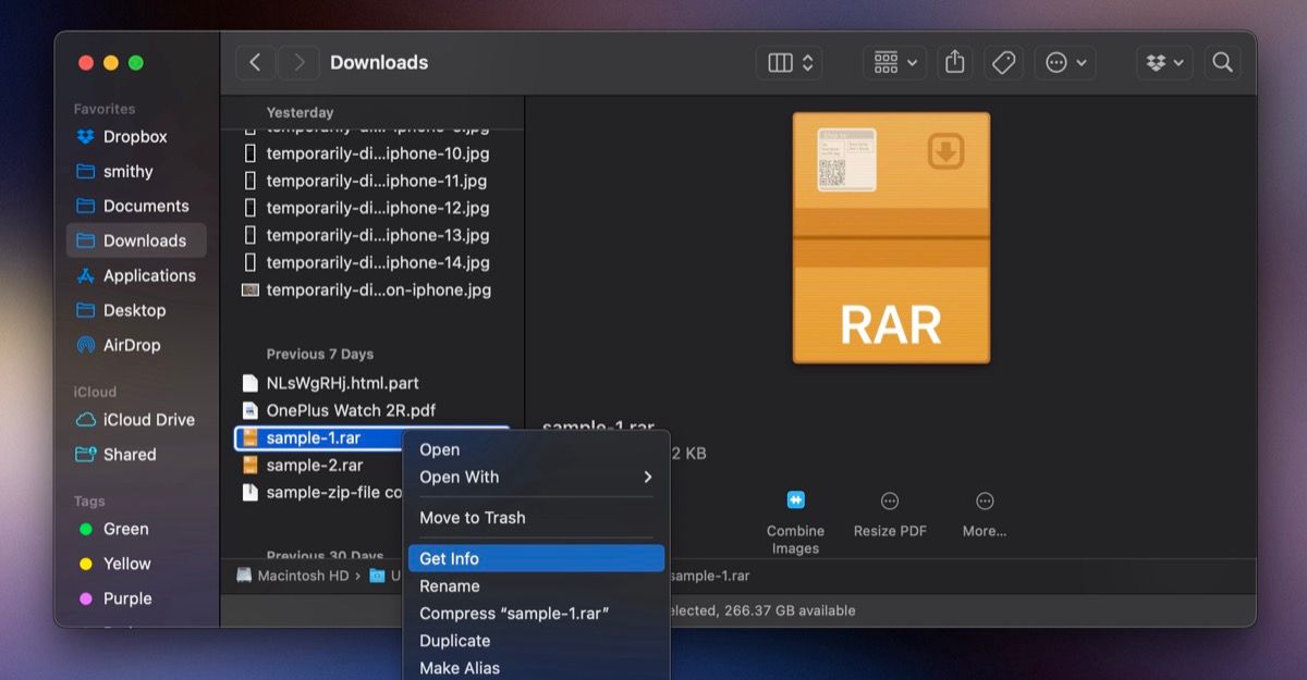 دسترسی به صفحه دریافت اطلاعات برای یک فایل RAR در Finder در مک.