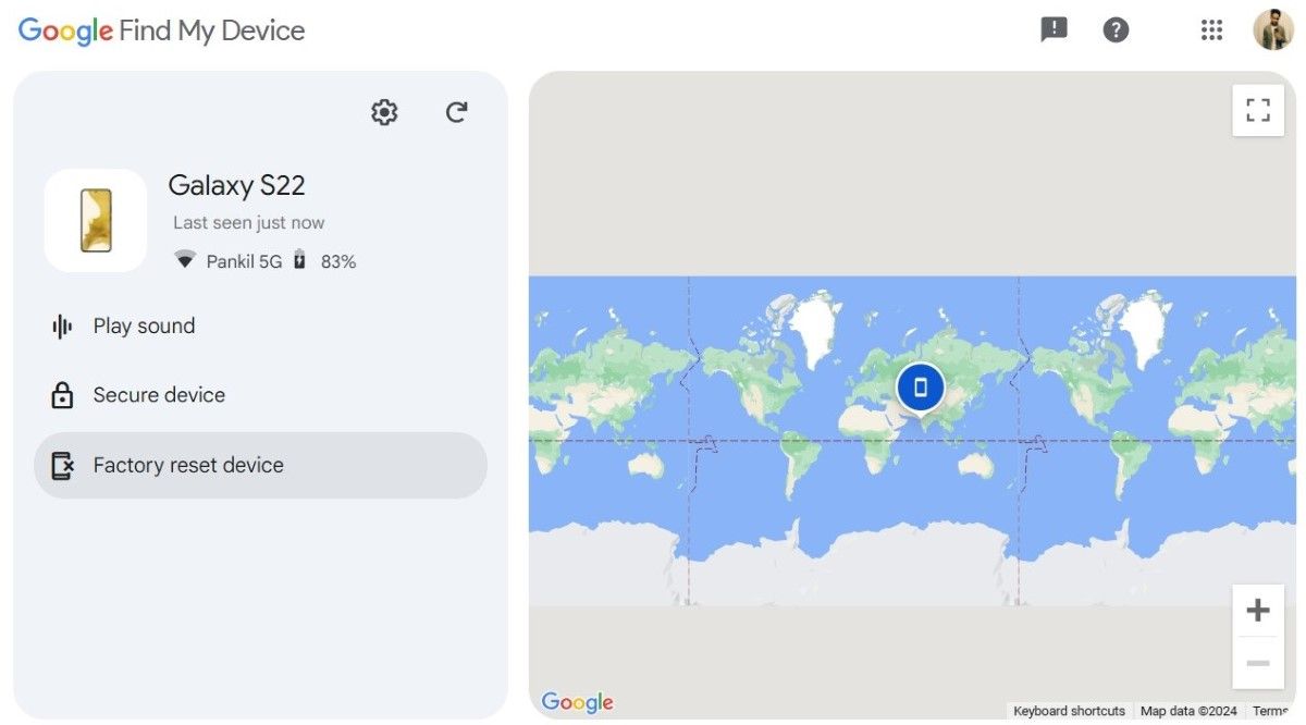 Factory Reset Option on Google Find My Device Page