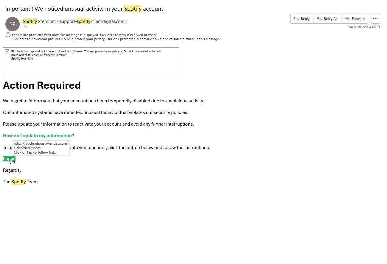 fake spotify account alert email phishing scam url example