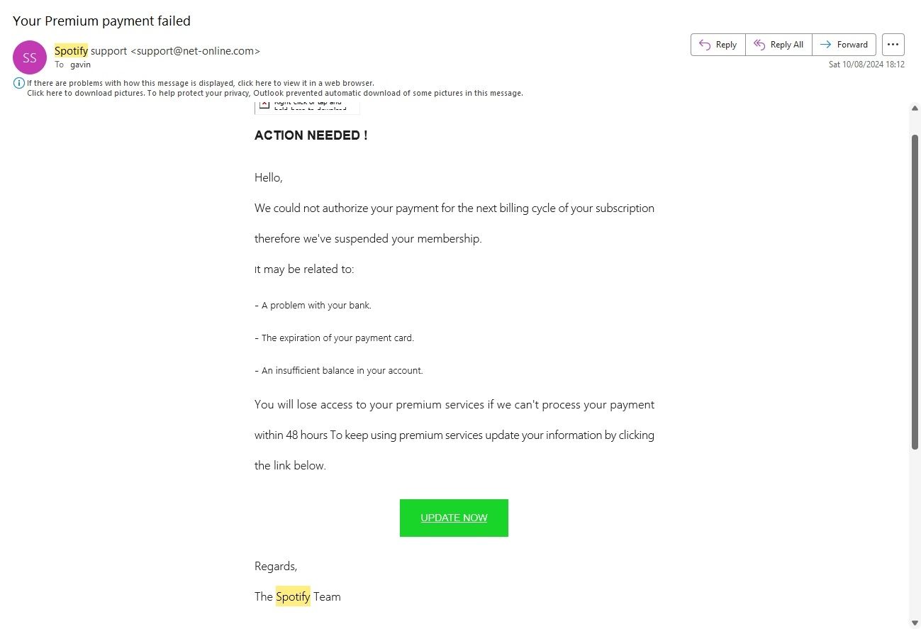 fake spotify account alert email phishing scam