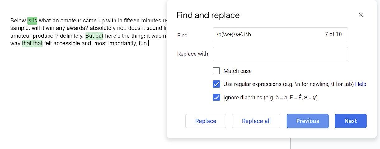 پیدا کردن کلمات تکراری در Google Docs با Regex