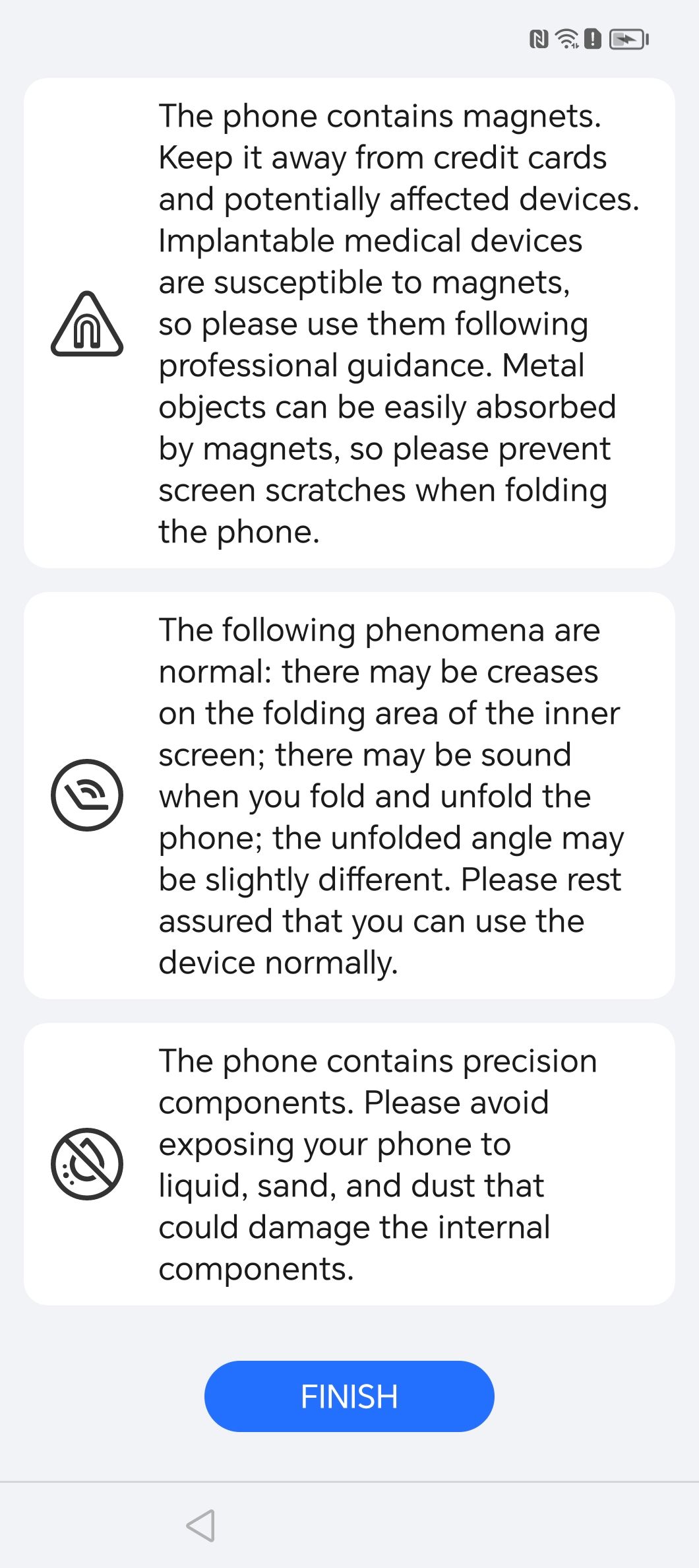 Foldable phone with dust and liquid warnings