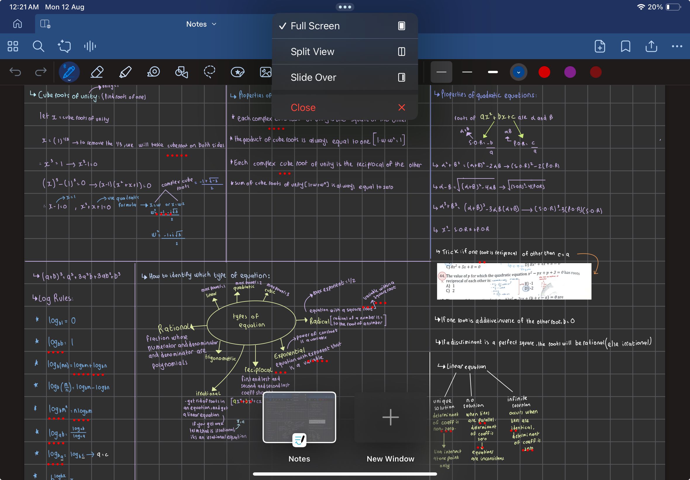 GoodNotes app on an iPad displaying various multitasking options