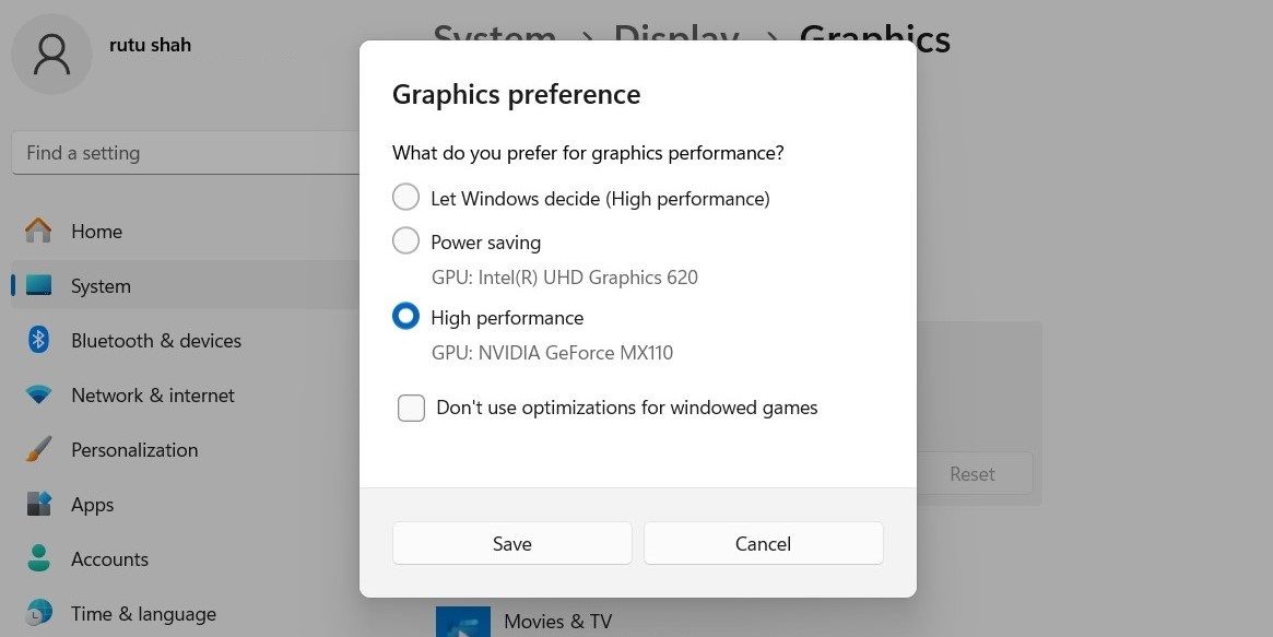 Graphics Preference Option in Windows 11