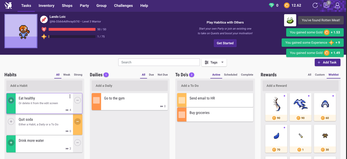 Habitica's dashboard