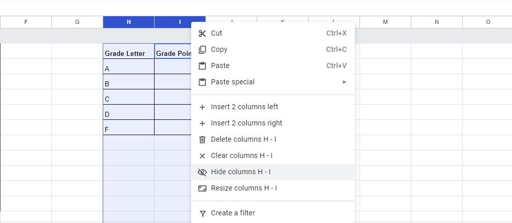 پنهان کردن ستون ها در Google Sheets