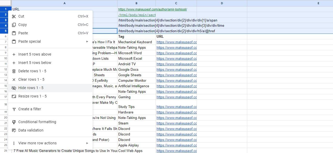 پنهان کردن ردیف‌ها در Google Sheets