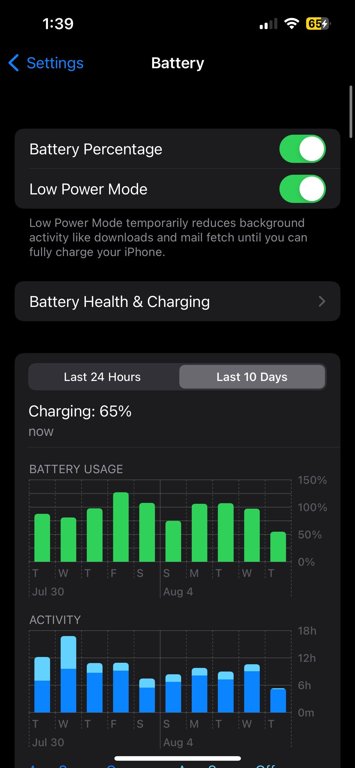 iPhone Battery page with low power mode