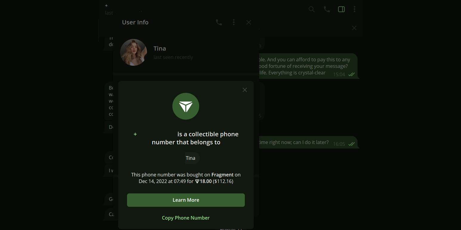 اپلیکیشن تلگرام نشان می دهد که کاربری شماره خود را در Fragment خریداری کرده است