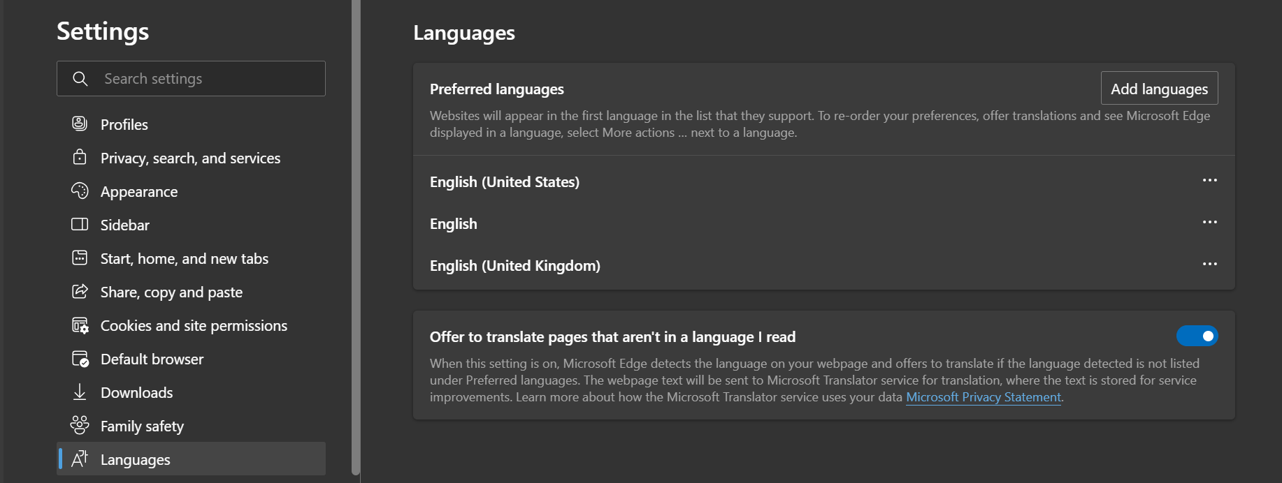 Configurações de idioma no Microsoft Edge na área de trabalho