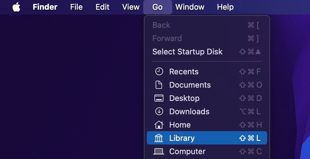 گزینه Library در منوی Go در macOS هایلایت شده است