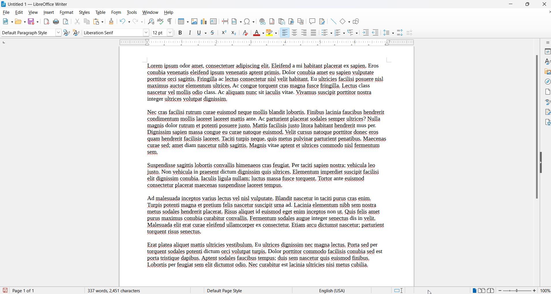 LibreOffice Writer showing "lorem ipsum" text