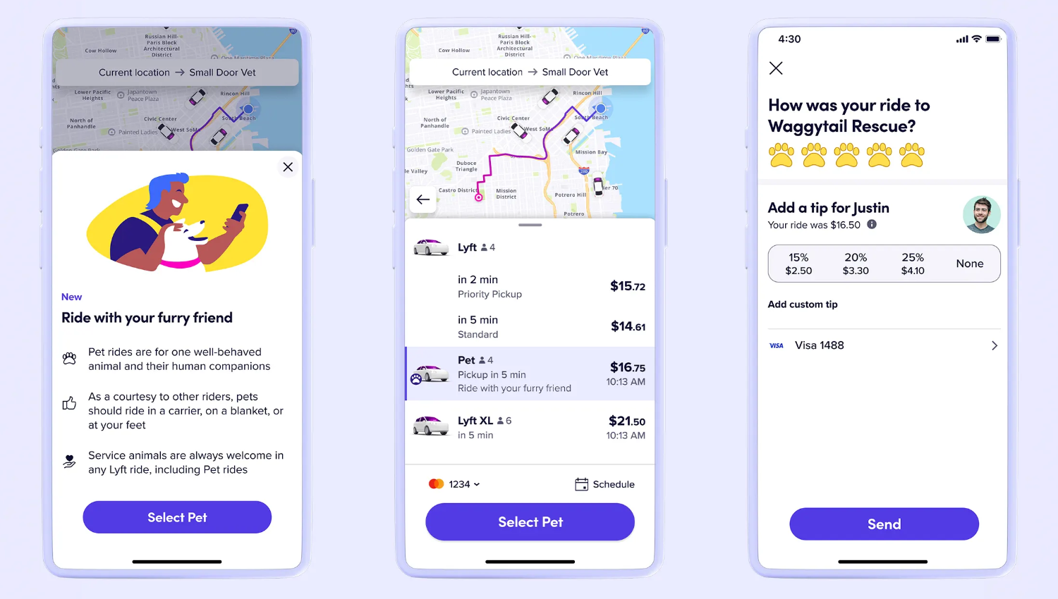 Screenshots showing how Lyft Pet Rides work