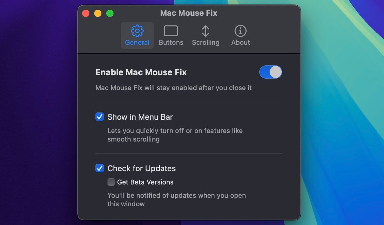 پنجره برنامه Mac Mouse Fix که تنظیمات عمومی را نشان می دهد