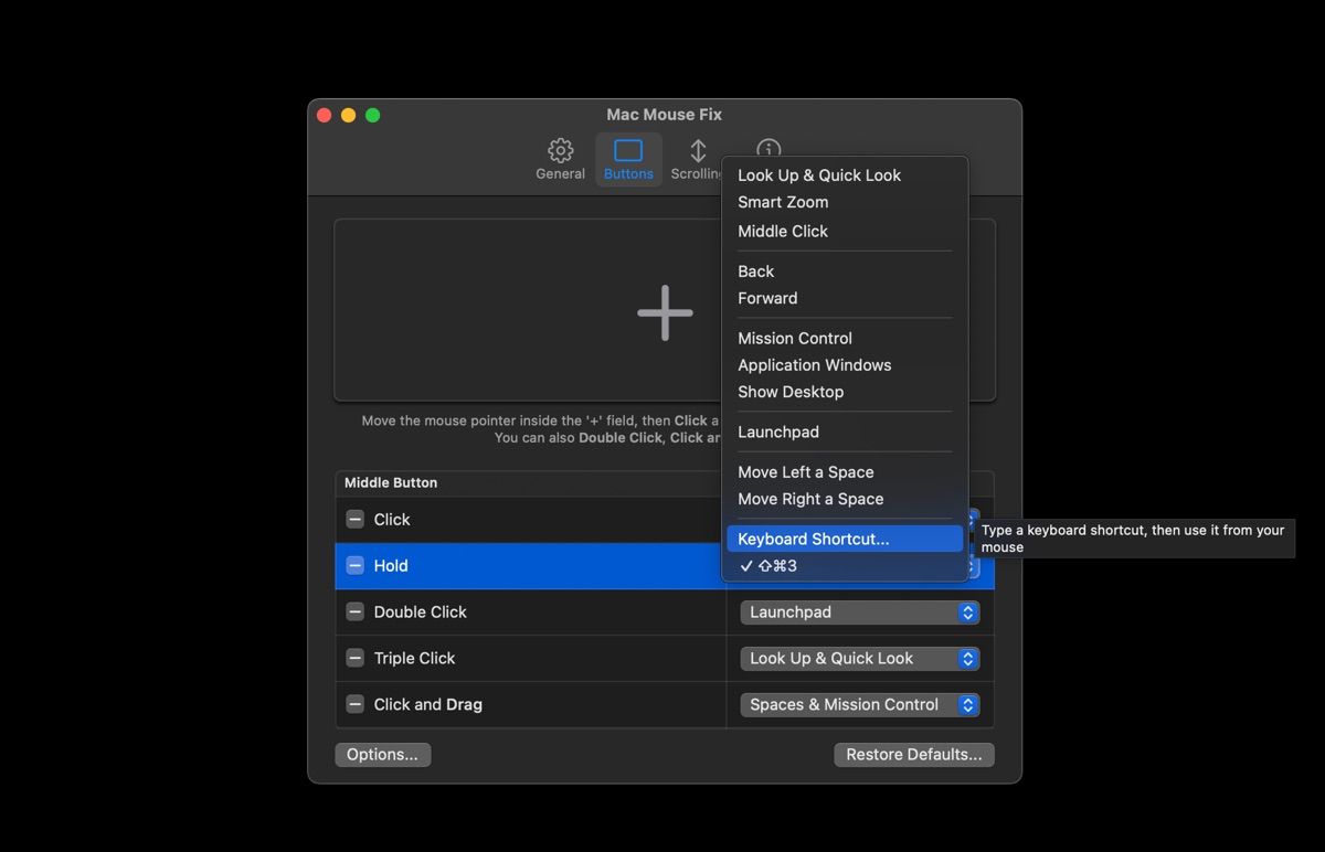 A Mac Mouse Fix page showing how to assign custom actions