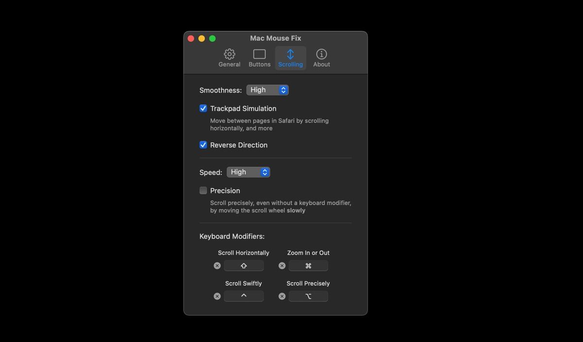 The Mac Mouse Fix scrolling settings page