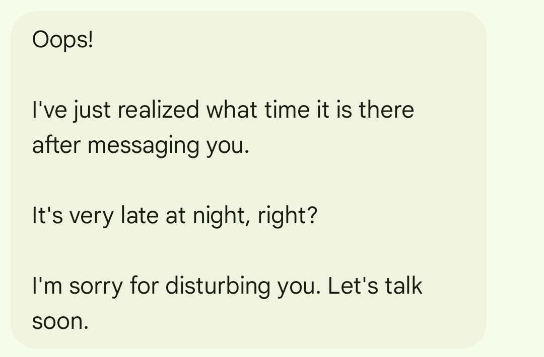 A message apologizing for texting late